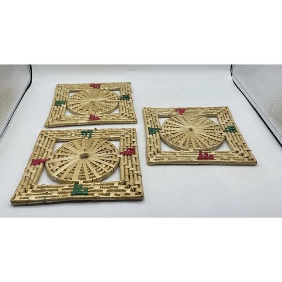 Vintage Hot Pad Trivets Set Of 3 Woven Wicker Straw Rattan Raffia Square 7” X 7” - Picture 5 of 8